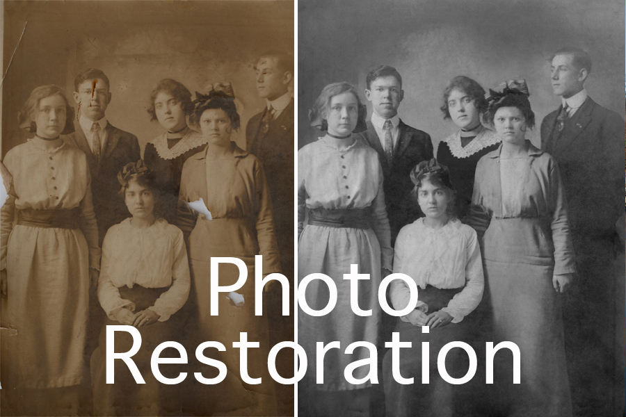 photo restoration button. This an example of a photograph restored by Brian Charles Steel Photography.  It is an old group portrait of six people.  There are four women and two men.  In the front, is one woman wearing a white blouse and dark skirt.  She has her hair up, and her hands are folded neatly in her lap.  Standing behind her on the left side, is a woman in a light colored dress.  Her hands are down by her sides.  The top front of her dress has buttons.  Behind her to the right is a man in a suit and tie.  Next to him on his right, is a woman in a dark dress with a white collar.  To her right is a man in a suit and tie.  In front of him, is a woman in a dress with a hat. 