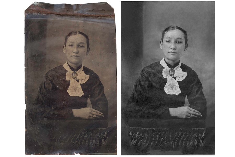This an example of a photograph restored by Brian Charles Steel Photography that depicts a woman in a formal dress.  This is an old photograph made of tin.  She is wearing a scarf and a broach.  Her arms are crossed on top of a stool.  She has tired expression on her face, and her hair is pulled back  