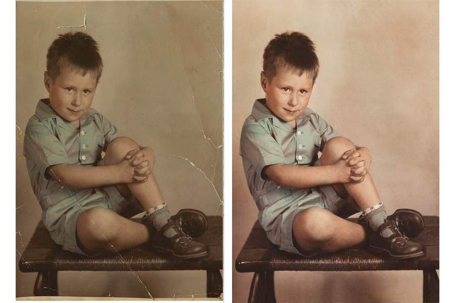 This an example of a photograph restored by Brian Charles Steel Photography.  The photo depicts a young boy sitting on a bench.  There is a light background behind him.  He is wearing a green button up shirt with matching green shorts and socks.   His knees are bent, and his arms are wrapped around his left knee. 