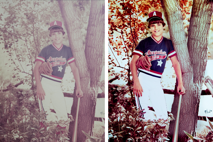 This an example of a photograph restored by Brian Charles Steel photography.  This image was faded, and in need of color restoration. The restored photo depicts a young boy in a baseball uniform leaning against a tree. He is wearing a blue and red shirt that that reads “Arapahoe All-stars. Under his left arm is a baseball glove.  His right hand is resting against the tree and holding the bottom of a baseball bat. The bat is vertical and leaning against the tree.  Directly behind him are small trees with leaves and a wooden fence. 