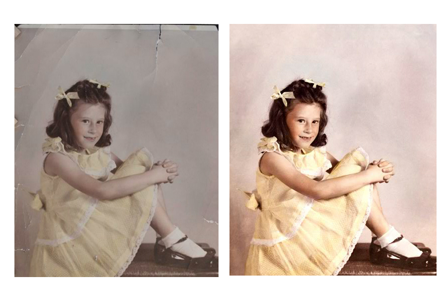This an example of a photograph restored by Brian Charles Steel Photography.  The photo depicts a young girl sitting on a bench.  There is a light background behind her.  She is wearing a yellow church dress with matching bows in her long brown hair.  Her knees are bent, and she is wearing white socks with brown shoes.  The background is light brown. 