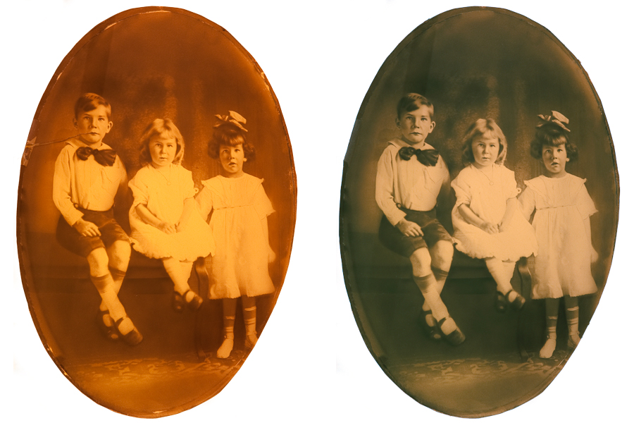 This an example of a photograph restored by Brian Charles Steel photography. It is a black and white portrait of three children.  There is a boy and two girls.  The boy is on the far right and sitting next to one of the girls on a bench. The other girl is standing next to them.  They are dressed in church clothes.  The standing girl has a white bow in her hair. 